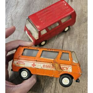 Vintage Tonka Pressed Steel Orange Emergency Van And‎ Red Van Lot of 2